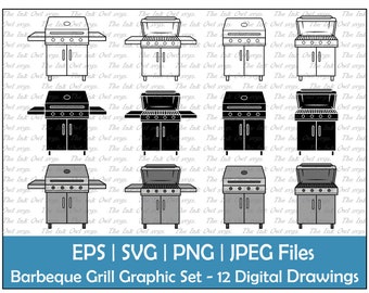 Gas Barbecue Grill Clipart Set / BBQ or Barbeque / Outline, Stamp & Color Graphic / Open and Closed / Commercial Use / PNG, jpg SVG, Eps
