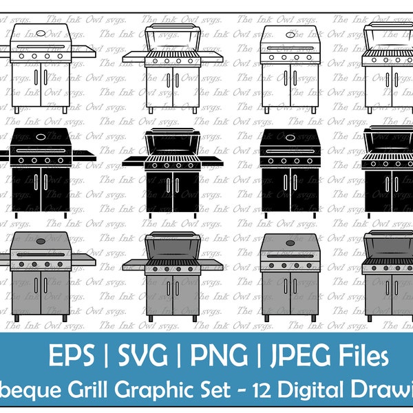 Gas Barbecue Grill Clipart Set / BBQ or Barbeque / Outline, Stamp & Color Graphic / Open and Closed / Commercial Use / PNG, jpg SVG, Eps