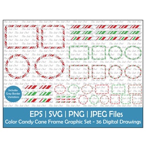 May include: A set of 36 digital drawings of candy cane frames in red, white, and green. The frames are in various shapes, including circles, squares, and rectangles. The text "The Ink Owl" is repeated throughout the image. The text "Includes Grey Border Variation" is also included.