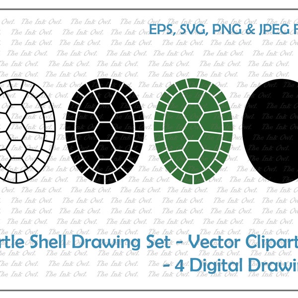 Turtle Shell Vector Clipart Set / Outline & Stamp Drawing Illustrations / Green / PNG, JPG, SVG, Eps