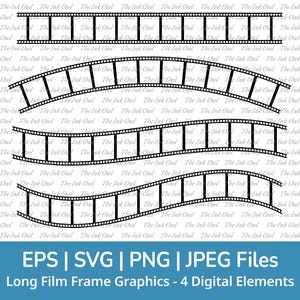 Long Film Frame Reel Svg Border Clipart Set / Outline Stamp Graphic Illustrations / Vintage Retro / Straight and Curved / Png, Jpg, Svg, Eps
