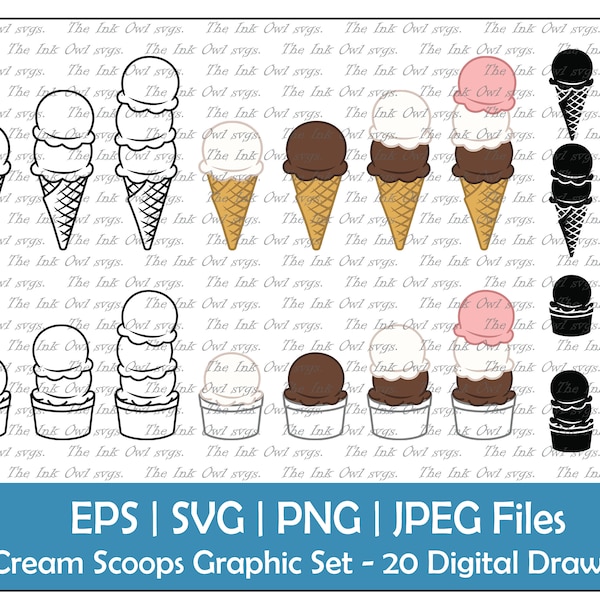 Ice Cream Scoops in Cone and Cup Clipart Set / Outline, Silhouette Stamp & Color Graphics / Vanilla, Chocolate / PNG, JPG, SVG, Eps