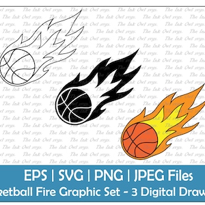 Basket-ball avec flammes Vector Clipart Set / Contour et dessin coloré Graphique / PNG, JPG, SVG, Eps