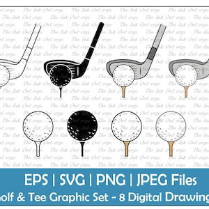 Golf Tee Off with Club Clipart Set / Outline, Stamp and Color Graphics / Summer Sports / Commercial Use / Driver Club / PNG, JPG, SVG, Eps