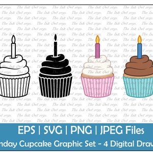 Cupcake d’anniversaire avec ensemble de clipart vectoriel à la bougie / Contour, timbre et graphique de couleur / Vanille et chocolat / PNG, JPG, SVG, Eps
