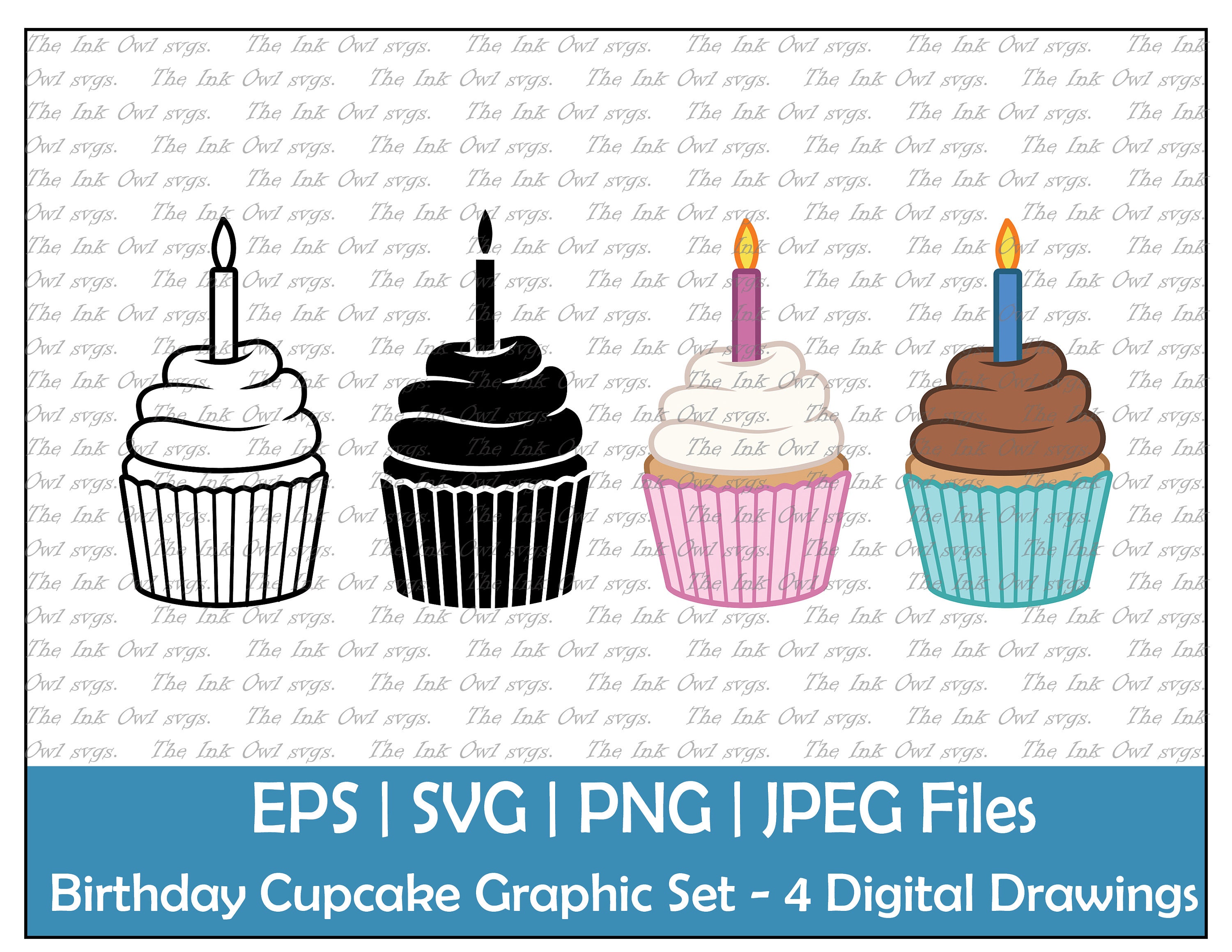 Birthday Cupcake With Candle Vector Clipart Set Outline Etsy