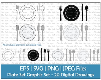 Zestaw talerzy jadalnych Wektor Clipart / Kontur, Pieczątka sylwetki i Kolorowanie ilustracji rysunkowych / Ikona restauracji / PNG, JPG, SVG, Eps