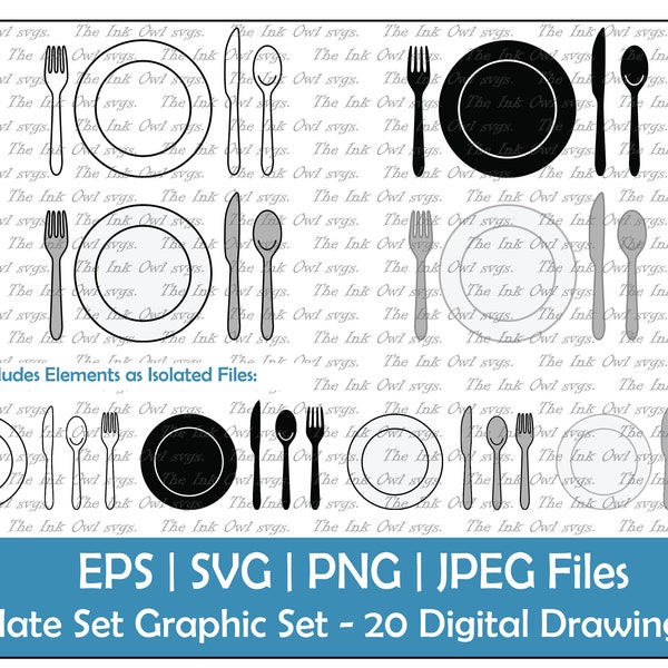 Dining Plate Set Vector Clipart / Outline, Silhouette Stamp & Color Drawing Illustrations / Restaurant Icon / PNG, JPG, SVG, Eps