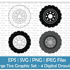 Tire Wheel Vector Clipart Set / Outline, Silhouette Stamp & Color Illustration Graphic/ PNG, jpg, SVG, Eps