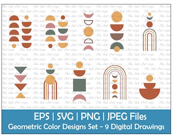 Conjunto de imágenes prediseñadas de formas y figuras geométricas bohemias modernas / Gráficos de sellos de colores neutros / Luna triangular arcoíris abstracta / PNG, JPG, SVG, Eps