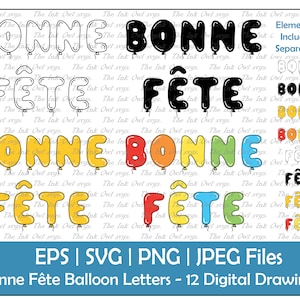 Bonne Fête ballon lettre texte Clipart / contour et estampe texte graphique / bannières logos français / PNG, JPG, svg, Eps