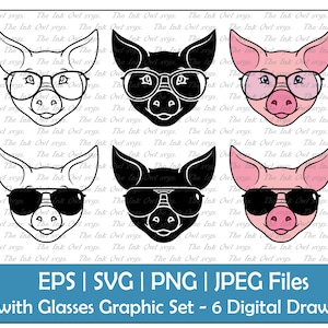 Cerdo con gafas y gafas de sol Vector Clipart Set / Contorno, Sello y Color Gráfico / Lindo Animal de Granja / Uso Comercial / PNG, JPG, SVG, Eps
