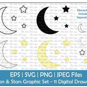 Zestaw wektorowych clipartów Księżyc i gwiazdy / Kontur, pieczątka sylwetkowa i kolorowa grafika / Użytek komercyjny / Nocne niebo / Pliki SVG, JPG, PNG, Eps