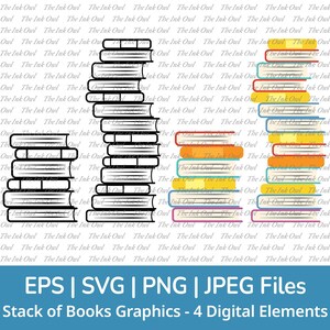 Pila de libros SVG Vector Clipart Set / Ilustraciones de dibujo a color y contorno / Gráficos escolares de biblioteca / Png, Svg, Jpg, Eps
