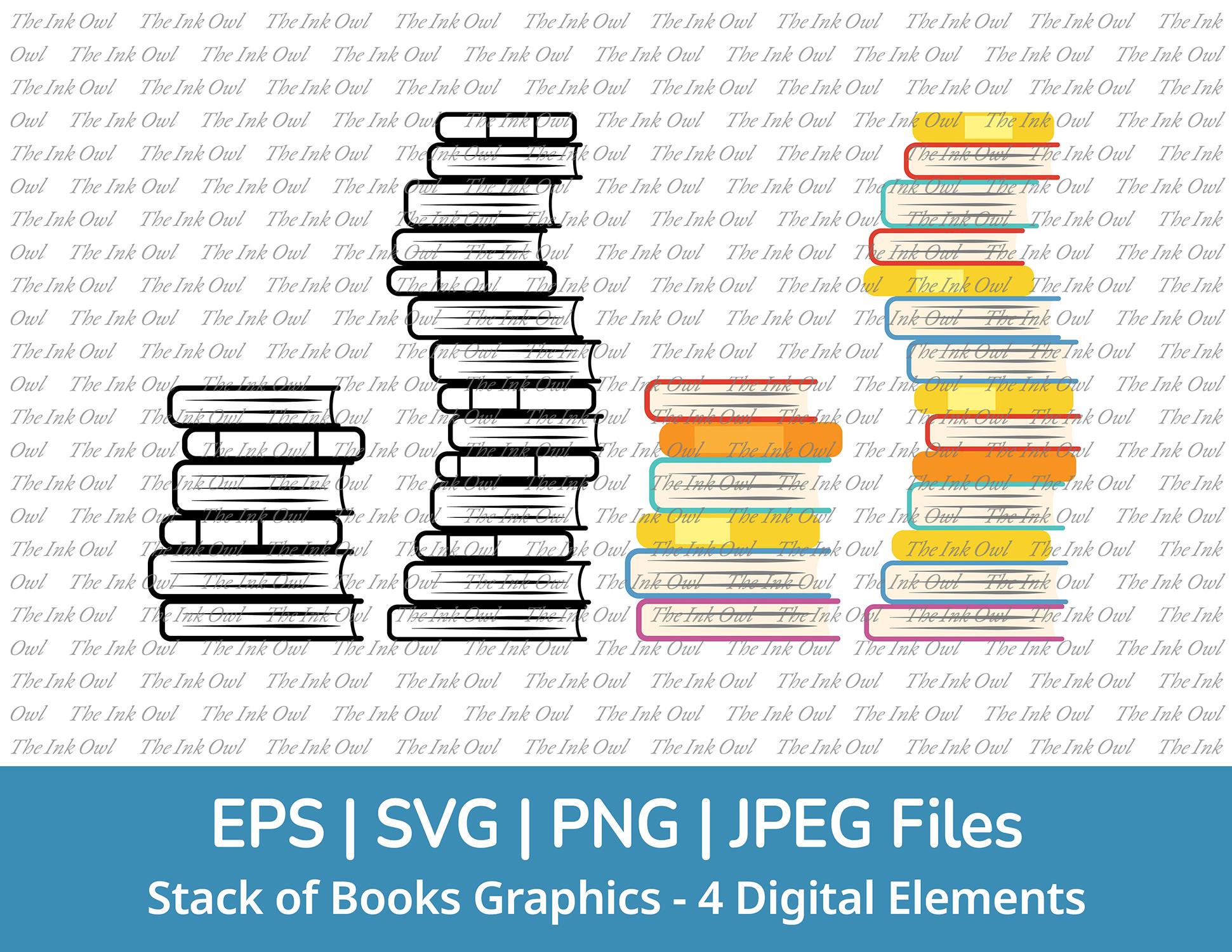 Stack of Books Svg Vector Clipart Set / Outline & Color Drawing Illustrations / Library School Graphic / Png, Svg, Jpg, Eps