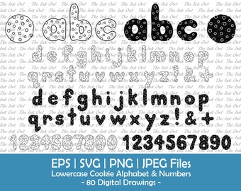 Chocolate Chip Cookie Lowercase Alphabet Letters and Numbers Clipart / Outline & Stamp Illustrations / Graphic Font / Svg, Png, Eps, Jpg