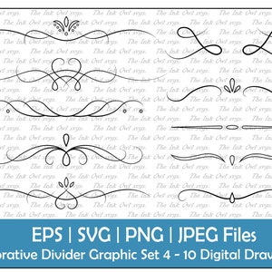 May include: A set of 10 decorative divider graphics in black and white. The graphics are in various styles, including swirls, lines, and flourishes. The graphics are perfect for adding a touch of elegance to your designs.