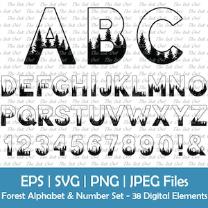 Arbres forestiers, lettres de l'alphabet et des nombres Vector Clipart / Contour Silhouette texte graphique / ABC 123 / Plein air et camping / Png, Jpg, Eps, Svg