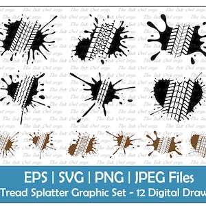 Tire Track Mud Splatter Clipart Set / Disegno del battistrada / Grafico del timbro / Pneumatici per camion, auto, bici e biciclette / Uso commerciale / PNG, JPG, SVG, Eps