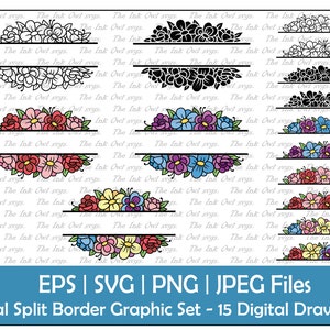 Split Flower Label Border Vector Clipart Set / Outline, Stamp & Color Graphics / Floral Label Template / Custom Text / PNG, JPG, SVG, Eps