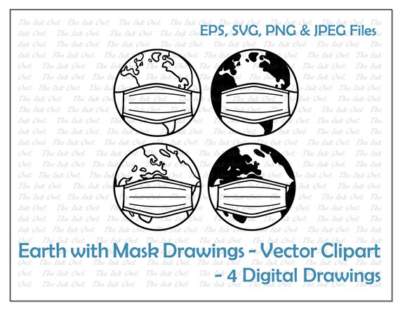 Earth Globe Wearing A Mask Vector Clipart Outline Etsy