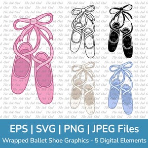 Balettskor med band vektor Clipart / Kontur, Silhuetter, Färgillustrationer / Pointedans / Rosa, Blå, Vit / Png, Svg, Jpg, Eps