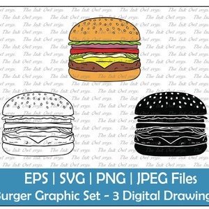 Burger Vector Clipart / Outline, Silhouette Stamp & Color Drawing Illustration / Cheeseburger / Hamburger bbq food / PNG, JPG, SVG, Eps