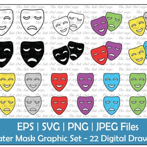 Set di clipart vettoriali maschera teatrale / contorno commedia e tragedia, timbro silhouette e grafica illustrazione a colori / PNG, JPG, SVG, Eps