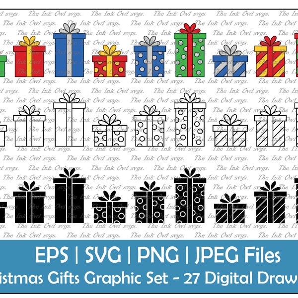 Gift Boxes Vector Clipart / Outline, Silhouette Stamp & Color Graphic / Holiday Christmas Presents Boxes / PNG, JPG, SVG, Eps