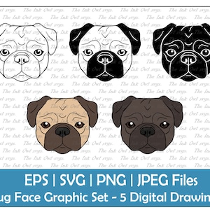 Cute Pug Face Vector Clipart Set / Outline, Stamp and Color Graphics / Dog Breeds / Dog Head / Commercial Use / PNG, JPG, SVG, Eps