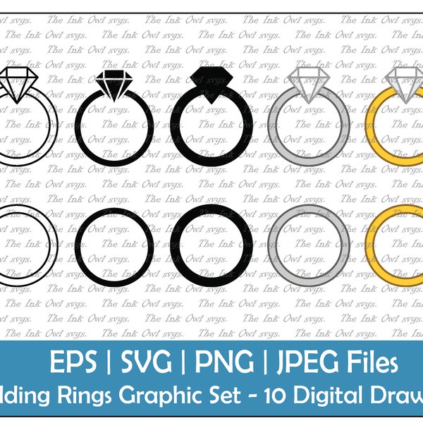 Wedding Diamond Rings Vector Clipart Set / Outline, Silhouette Stamp & Color Drawing Illustrations / Gold and Silver / PNG, JPG, SVG, Eps