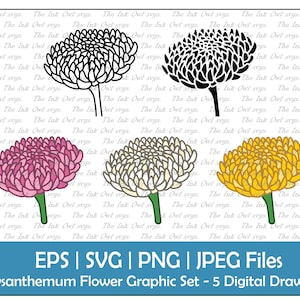 Chrysanthemum Flower Clipart Set / Outline, Stamp & Colored Graphic / Birth Flower for November / Pink, White, Yellow / PNG, JPG, SVG, Eps