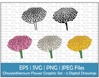 May include: A set of five digital drawings of chrysanthemum flowers in various colors, including black, white, pink, gray, and yellow. The flowers are outlined in black and have a stylized, graphic design.