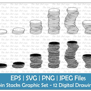 Pila di monete o denaro vettoriale Clipart Set / Contorno e timbro Illustrazioni grafiche / Sublimazione / PNG, jpg, SVG, Eps