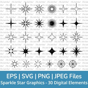 Sparkle Star Shimmer Svg Clipart Set / Outline & Stamp Silhouette Vector Graphics / Png, Svg, Jpg, Eps