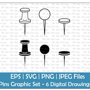 Pin Tacks Vektor Clipart Set / Outline & Stempel Zeichnung Grafik / PNG, JPG, SVG, Eps