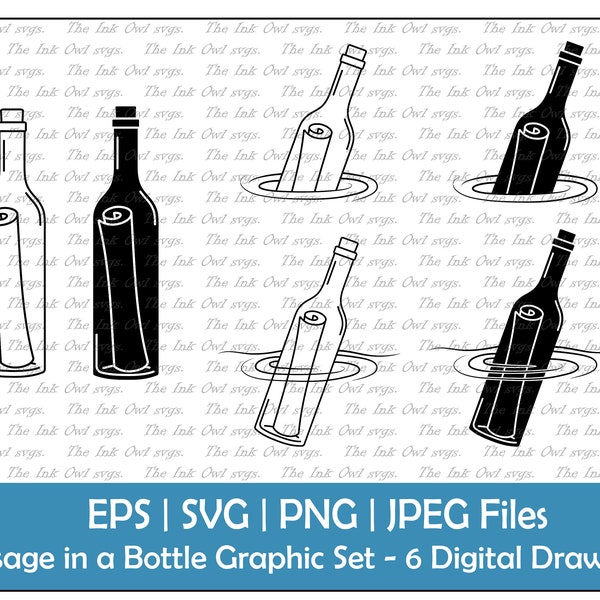 Message in a Bottle Vector Clipart Set / Outline & Stamp Illustration Graphic / PNG, JPG, SVG, Eps