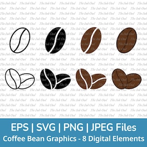 Coffee Bean Vector Clipart Set / Outline & Stamp Icon Graphic / PNG, JPG, SVG, Eps