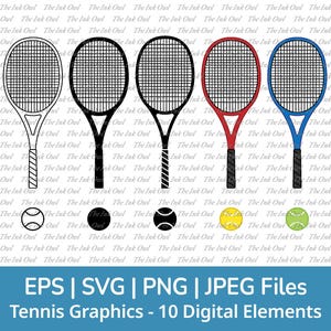 Tennis Racket and Ball Vector Clipart Set / Outline & Stamp Drawing Illustrations / Sports Graphic / PNG, JPG, SVG, Eps