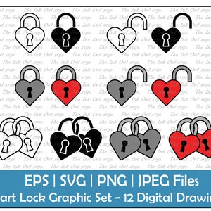 Clipart de vetor de bloqueio em forma de coração / gráfico de desenho de contorno e carimbo / amor / PNG, JPG, SVG, Eps