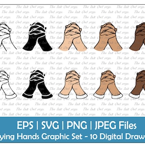 Betende Hände geschlossen Vektor Clipart Set / Outline, Silhouette Stempel & Farbzeichnung Illustrationen / Religiöses Gebet / PNG, JPG, SVG, Eps