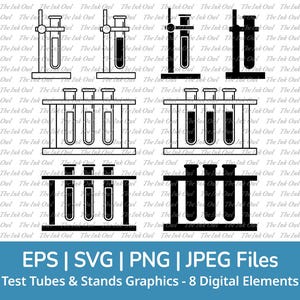 Clips vectoriels Svg pour tubes à essai / Contours et timbres Silhouette dessin graphique / Sciences et chimie / Png, Jpg, Svg, Eps