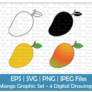 May include: A set of four digital drawings of mangoes in different styles. The mangoes are outlined in black, filled in black, yellow, and a gradient of orange and yellow.