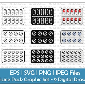 Medicine Pill Pack Vector Clipart Set / Outline & Stamp Drawing Graphic / PNG, JPG, SVG, Eps