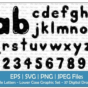 Könnte beinhalten: Ein Satz von 37 schwarzen Blasenbuchstaben und -zahlen in Kleinbuchstaben. Die Buchstaben sind weiß umrandet und haben einen 3D-Effekt. Die Buchstaben und Zahlen sind in alphabetischer und numerischer Reihenfolge angeordnet.