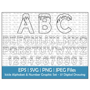 Eiszapfen Buchstaben Alphabet und Zahlen Clipart / Outline Text Grafiken / ABC 123 Logos / Dekoratives Winter Eis / PNG, JPG, svg, Eps