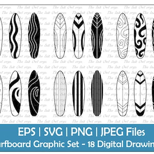 Surfboard with Pattern Designs Vector Clipart Set / Outline & Silhouette Graphic / Water Beach Sports / Commercial Use /  PNG, JPG, SVG, Eps