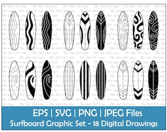Surfboard with Pattern Designs Vector Clipart Set / Outline & Silhouette Graphic / Water Beach Sports / Commercial Use /  PNG, JPG, SVG, Eps