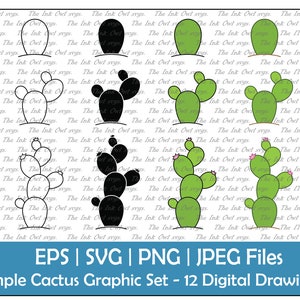Simple Cactus Vector Clipart / Contorno, Silueta y Gráfico de Dibujo en Color / Sublimación de Plantas del Desierto Apiladas / PNG, JPG, SVG, Eps