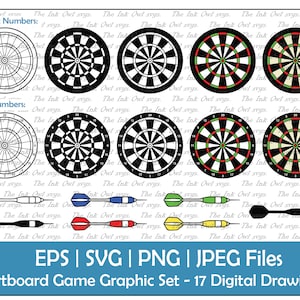 Dartboard Game with Darts Clipart Set / Outline, Silhouette Stamp & Color Illustration Graphic / Bar Games / PNG, JPG, SVG, Eps